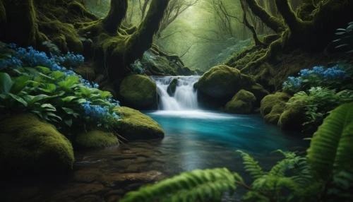 fairy forest,fairytale forest,elven forest,enchanted forest,green waterfall,mountain stream,fantasy landscape,oregon,mountain spring,fantasy picture,flowing creek,forest of dreams,flowing water,water flow,green forest,a small waterfall,streams,rain forest,forest landscape,fairy world,Photography,General,Cinematic