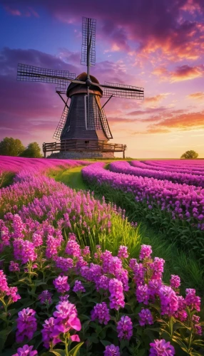 the netherlands,netherlands,dutch windmill,dutch landscape,holland,purple landscape,the windmills,north holland,windmills,windmill,splendor of flowers,tulip fields,beautiful landscape,wind mill,nederland,dutch,field of flowers,lavender fields,colors of spring,sea of flowers,Photography,General,Realistic