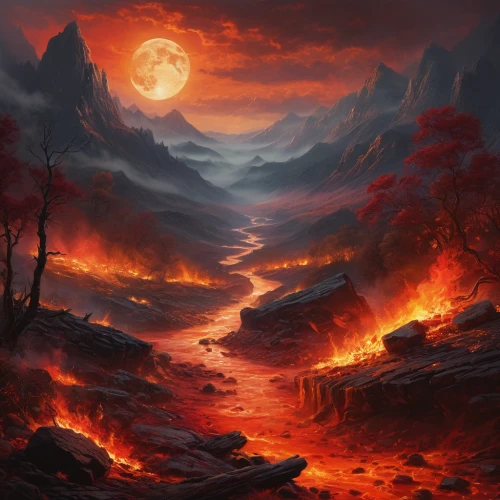 volcanic landscape,scorched earth,fantasy landscape,volcanic field,lava,fire mountain,volcanic,burning earth,lava river,fire planet,fire in the mountains,lake of fire,forest fire,lava flow,lunar landscape,volcano,burned land,blood moon,volcanism,wildfire,Photography,General,Natural