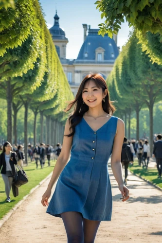 tuileries garden,a girl in a dress,paris,vietnamese woman,blue dress,girl in a long dress,asian girl,asian woman,girl walking away,french digital background,vietnamese,bordeaux,france,paris clip art,girl in a historic way,louvre,paris shops,walk in a park,woman walking,phuquy,Illustration,Japanese style,Japanese Style 09