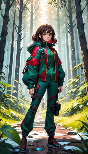 forest walk,hiker,parka,world digital painting,mountain guide,forest clover,windbreaker,adventurer,forest background,trail,digital painting,adventure game,red green,girl with tree,national parka,in the forest,sci fiction illustration,forest path,wander,pines,Anime,Anime,Cartoon