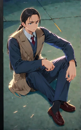 stylish boy,navy suit,sits on away,business man,men's suit,gentlemanly,businessman,shoeshine boy,formal guy,dress shoes,sit,suit,cross legged,school uniform,child is sitting,man's fashion,tie shoes,gentleman,male character,man on a bench,Anime,Anime,Traditional