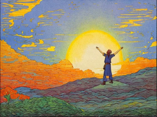 pilgrim,sun,torch-bearer,sun god,sol,man holding gun and light,angel moroni,the spirit of the mountains,church painting,helios,the wanderer,the good shepherd,prophet,rising sun,pilgrims,bright sun,light bearer,summer solstice,3-fold sun,khokhloma painting,Illustration,Realistic Fantasy,Realistic Fantasy 12