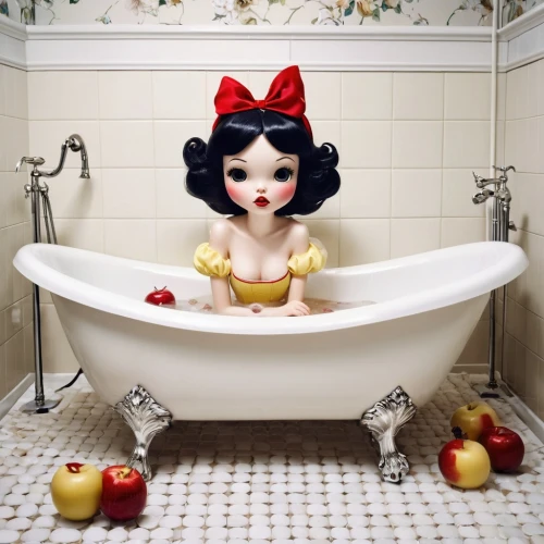 the girl in the bathtub,snow white,doll kitchen,kewpie doll,bathtub accessory,bathtub,bath toy,milk bath,kitchen sink,bath accessories,woman eating apple,bath with milk,bath,bath oil,doll looking in mirror,kewpie dolls,porcelain dolls,taking a bath,rubber doll,dita,Illustration,Abstract Fantasy,Abstract Fantasy 11