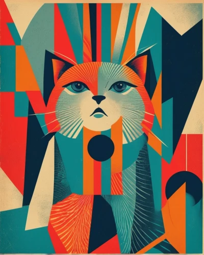 art deco woman,cool pop art,vintage cat,geometrical cougar,vintage cats,serigraphy,abstract retro,cat vector,feline,pop art style,geometrical animal,lynx,red cat,fox,adobe illustrator,art deco,wild cat,kitsune,redfox,cubism,Illustration,Vector,Vector 17