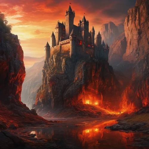 fantasy landscape,fantasy picture,castle of the corvin,volcanic landscape,fire mountain,scorched earth,ruined castle,fantasy art,red cliff,knight's castle,mountain settlement,heroic fantasy,fire in the mountains,peter-pavel's fortress,hall of the fallen,pillar of fire,valley of death,burning earth,volcanic field,castel,Photography,General,Natural