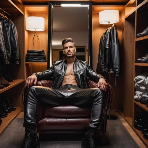 leather,dressing room,men's wear,black leather,leather jacket,leather boots,men clothes,men's suit,changing room,male model,greek god,leather compartments,leather shoes,bolero jacket,backstage,wardrobe,leather texture,jacket,the throne,closet,Photography,General,Natural