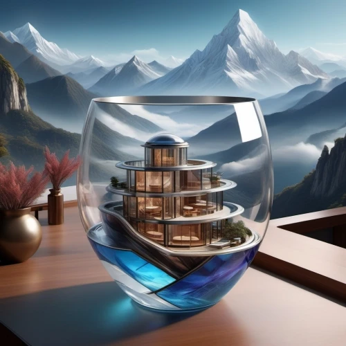 glass sphere,floating island,floating huts,water cube,lensball,cube stilt houses,decanter,glass container,house in mountains,water glass,crystal glass,futuristic landscape,crystal ball,virtual landscape,cubic house,glass vase,floating islands,glass ball,3d fantasy,snow globe