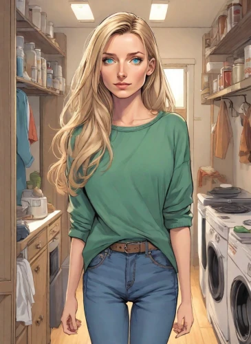 girl in the kitchen,laundry room,sci fiction illustration,cleaning woman,housekeeper,housewife,blonde woman,housework,dishwasher,pantry,woman shopping,game illustration,domestic,women clothes,cooking book cover,digital compositing,star kitchen,female doctor,olallieberry,female worker,Digital Art,Comic