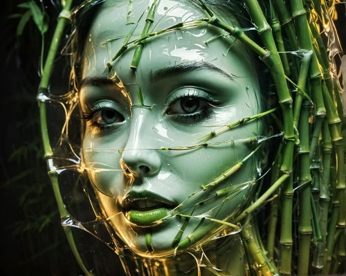 dryad,green skin,bamboo curtain,bamboo forest,bamboo,bamboo plants,vietnamese woman,undergrowth,woman of straw,hawaii bamboo,overgrown,green wreath,girl in a wreath,splintered,bamboo frame,coppiced,woman face,bodypainting,green grain,woman's face