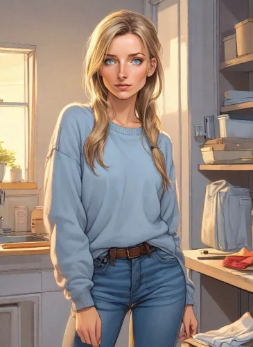 girl in the kitchen,olallieberry,housewife,domestic,elsa,barista,waitress,housekeeper,chef,woman holding pie,cooking book cover,homemaker,star kitchen,girl at the computer,belarus byn,dishwasher,in a shirt,jeans background,female doctor,angelica,Digital Art,Comic