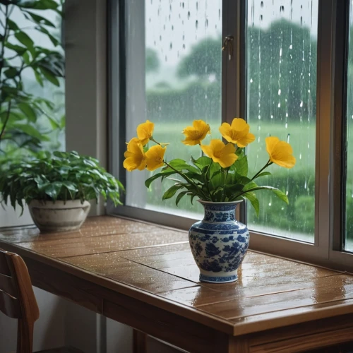 window sill,windowsill,sunflowers in vase,rain on window,rainy day,window covering,flower vase,window film,flower arrangement lying,window view,helios 44m7,window blind,window curtain,yellow flowers,wooden windows,staying indoors,corner flowers,flower arrangement,flowers frame,daffodils,Photography,General,Realistic