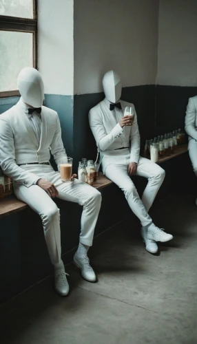 men sitting,white figures,sailors,waiting room,waiting staff,white clothing,drinking party,conceptual photography,pierrot,whites,non-human beings,porcelain dolls,social distancing,drinking establishment,mummies,informal meeting,musicians,coffee break,social group,clones,Photography,Documentary Photography,Documentary Photography 08