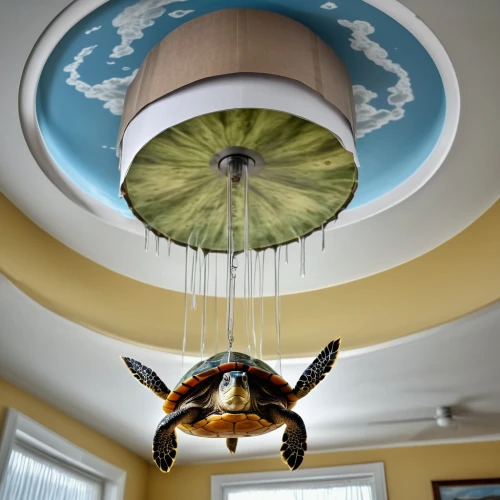 ceiling lamp,aquarium decor,land turtle,water turtle,ceiling fixture,ceiling light,sea turtle,loggerhead turtle,loggerhead sea turtle,turtle,painted turtle,retro lampshade,olive ridley sea turtle,green sea turtle,light fixture,overhead umbrella,ceiling-fan,terrapin,on the ceiling,ceiling fan,Photography,General,Realistic