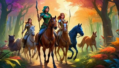 fantasy picture,horse riders,druid grove,game illustration,the three magi,guards of the canyon,heroic fantasy,horse herder,horseback,fantasy art,elven forest,horsetail family,horsemen,massively multiplayer online role-playing game,two-horses,druids,endurance riding,lionesses,horse herd,elves,Illustration,Realistic Fantasy,Realistic Fantasy 01