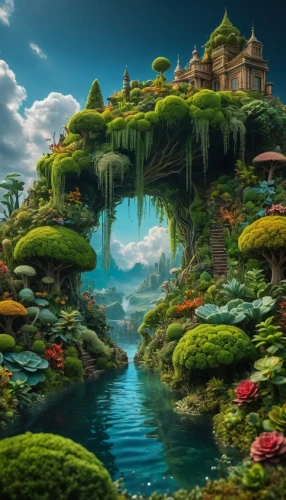 fantasy landscape,fantasy picture,fairy world,3d fantasy,mushroom landscape,fantasy world,fairy village,fantasy art,an island far away landscape,mushroom island,landscape background,world digital painting,underwater landscape,dream world,fantasy city,floating island,fractal environment,cartoon video game background,underwater oasis,japan landscape,Photography,General,Fantasy