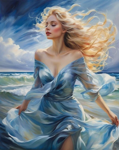 the wind from the sea,wind wave,sea breeze,the sea maid,oil painting on canvas,art painting,oil painting,sea landscape,little girl in wind,blue painting,wind,windy,gracefulness,winds,fantasy art,ocean waves,blue enchantress,the blonde in the river,seascape,blue waters,Illustration,Paper based,Paper Based 11