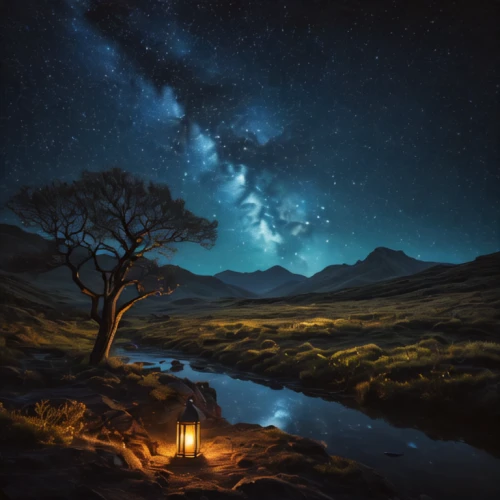 night scene,the night of kupala,fantasy landscape,drakensberg mountains,tobacco the last starry sky,lone tree,fantasy picture,landscape background,light of night,wishing well,nightscape,night image,the milky way,photomanipulation,starry sky,milky way,dead vlei,landscape photography,night photography,isolated tree,Photography,General,Fantasy