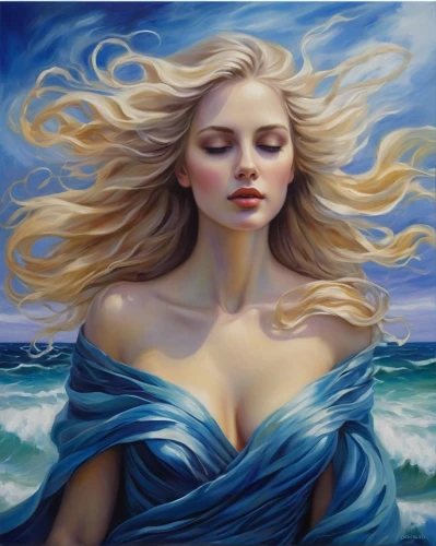 the wind from the sea,sea breeze,the sea maid,wind wave,ocean waves,oil painting on canvas,mermaid background,oil painting,siren,blue enchantress,art painting,celtic woman,fantasy art,the blonde in the river,blue painting,blonde woman,sea fantasy,sea landscape,blue moon rose,aphrodite,Illustration,Realistic Fantasy,Realistic Fantasy 30