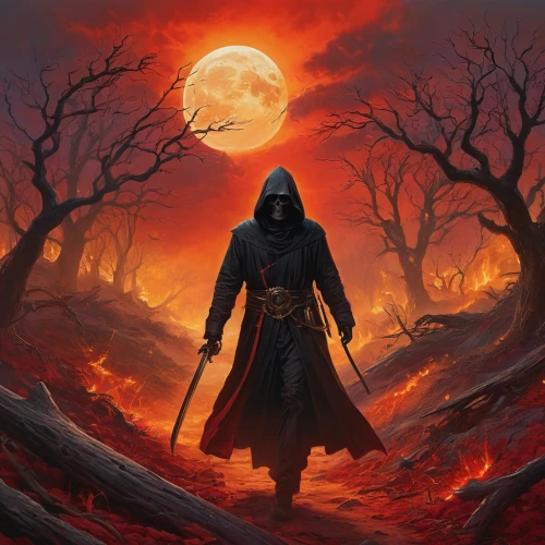 blood moon,hooded man,grimm reaper,scythe,grim reaper,blood moon eclipse,dance of death,red riding hood,the wanderer,assassin,reaper,red sun,fantasy picture,death god,darth maul,blood hound,undead warlock,heroic fantasy,cg artwork,fantasy art,Photography,General,Natural