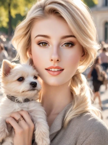 girl with dog,blonde woman,blonde dog,heterochromia,blonde girl,indian spitz,female dog,blond girl,elsa,natural cosmetic,dog look,dog breed,wag,cool blonde,romantic portrait,women's eyes,dog pure-breed,model beauty,short blond hair,audrey