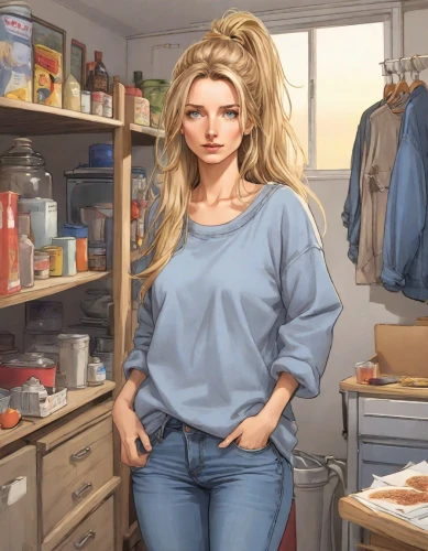 girl in the kitchen,female worker,woman shopping,cleaning woman,housewife,waitress,barista,blonde woman,seamstress,housework,shopkeeper,realdoll,digital painting,domestic,homemaker,blue-collar worker,girl at the computer,kitchen work,mechanic,oil cosmetic,Digital Art,Comic