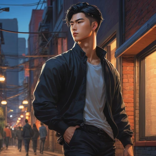 guk,kai yang,alleyway,handsome model,choi kwang-do,male model,han thom,alley,ren,leather jacket,hong,korean won,oliang,pompadour,pedestrian,kai bei,korean,digital painting,a pedestrian,janome chow,Illustration,Realistic Fantasy,Realistic Fantasy 27