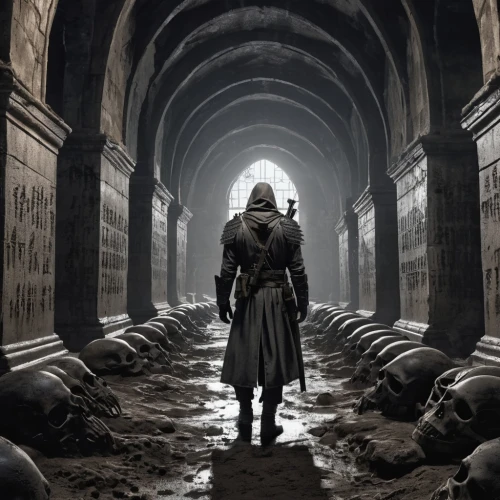 hall of the fallen,the abbot of olib,caravansary,pilgrimage,hooded man,catacombs,lone warrior,archimandrite,king lear,heroic fantasy,the wanderer,pall-bearer,valley of death,crypt,wall,mortuary temple,king arthur,death god,hinnom,digital compositing,Conceptual Art,Fantasy,Fantasy 33