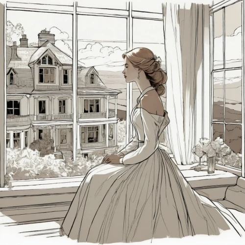 jane austen,victorian,doll's house,victorian lady,victorian style,queen anne,house silhouette,dressmaker,digital illustration,french windows,the victorian era,girl in a historic way,hand-drawn illustration,windowsill,bedroom window,bay window,book illustration,window sill,vintage drawing,jessamine,Illustration,Black and White,Black and White 02