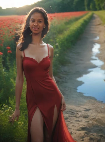 man in red dress,in red dress,girl in red dress,georgia,lady in red,red dress,jasmine bush,red gown,petal,floral,red,girl in a long dress,wildflower,field of flowers,red magnolia,see-through clothing,springtime background,african american woman,country dress,scarlet witch