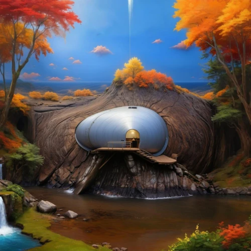 ufo,zeppelins,mushroom island,flying saucer,futuristic landscape,turtle ship,mushroom landscape,space ship,fantasy picture,bee-dome,ufos,hindenburg,planetarium,dali,futuristic art museum,world digital painting,somtum,round hut,utopian,surrealistic