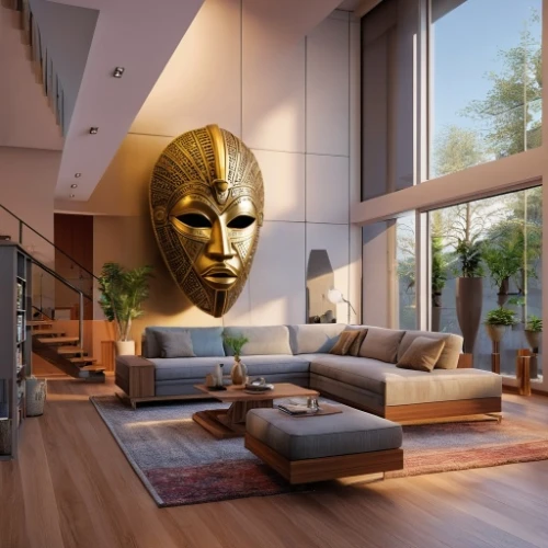 modern decor,gold mask,modern living room,contemporary decor,living room,interior modern design,golden mask,great room,livingroom,modern room,interior design,interior decor,luxury home interior,penthouse apartment,gold wall,apartment lounge,african masks,home interior,beautiful home,interior decoration