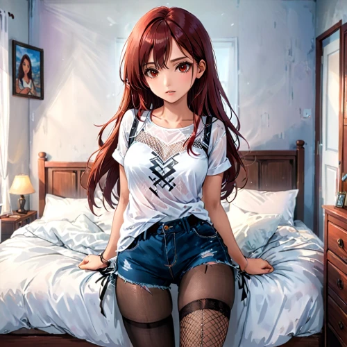 mikuru asahina,pajamas,knee-high socks,girl in bed,anime japanese clothing,bed,nurse uniform,maid,anime girl,cute clothes,bedroom,tied up,kantai collection sailor,azusa nakano k-on,long socks,white clothing,honmei choco,jean shorts,red-haired,pjs,Anime,Anime,General