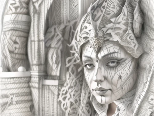 biomechanical,pencil art,fractals art,wood carving,mandelbulb,paper art,wireframe graphics,pencil drawings,pencil and paper,carved wood,dryad,paper lace,wireframe,decorative figure,fractalius,fantasy portrait,graphite,illustrator,game drawing,wood elf