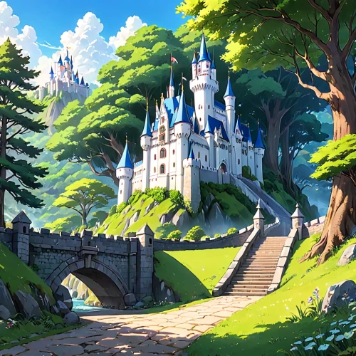 fairy tale castle,fairytale castle,fantasy landscape,disney castle,knight's castle,fairy tale,fantasy world,castle,a fairy tale,sleeping beauty castle,studio ghibli,castle ruins,knight village,fairy world,castel,3d fantasy,children's fairy tale,fairytale forest,fairytale,medieval castle,Anime,Anime,Traditional