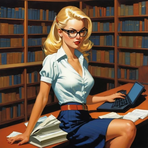 librarian,girl at the computer,secretary,retro women,bookworm,blonde woman reading a newspaper,girl studying,reading glasses,academic,women's novels,library book,retro woman,retro girl,vintage books,scholar,library,women in technology,bookkeeper,books,reading,Conceptual Art,Fantasy,Fantasy 07