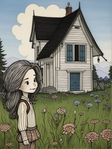 little girl in wind,houses clipart,little house,dandelion hall,doll's house,dandelion meadow,lonely house,clover meadow,witch's house,woman house,witch house,cottage,small house,dollhouse,dandelion field,country cottage,doll house,girl in the garden,girl picking flowers,prairie,Illustration,Children,Children 02