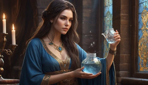 candlemaker,fantasy picture,fantasy art,sorceress,priestess,fantasy portrait,medieval hourglass,artemisia,alchemy,divination,elven,blue enchantress,apothecary,potions,3d fantasy,crystal ball,potion,the enchantress,caerula,woman at the well,Photography,General,Natural