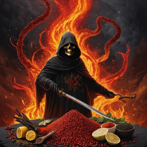 cooking book cover,grimm reaper,reaper,red cooking,smoked paprika,chef,paella,tabasco pepper,chili powder,dark mood food,harissa,cayenne pepper,paprika powder,grim reaper,dance of death,chili,hardneck garlic,cayenne peppers,inferno,habanero chili,Photography,General,Natural