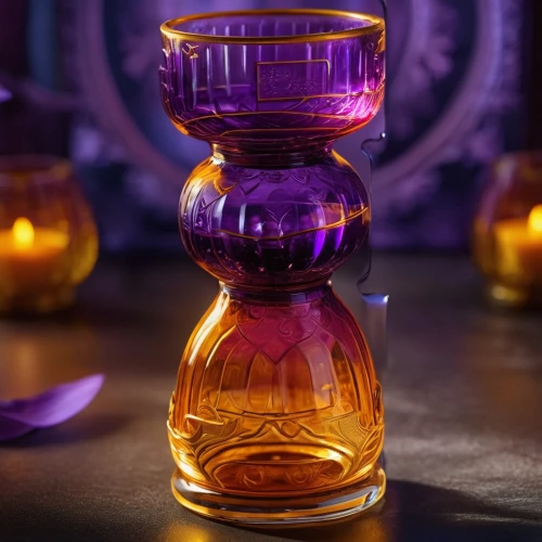 medieval hourglass,perfume bottle,perfume bottles,bottle fiery,decanter,glass items,colorful glass,sand timer,poison bottle,glasswares,potion,shashed glass,conjure up,hourglass,halloween pumpkin gifts,fragrance teapot,purple and gold,purple rizantém,glass vase,potions,Photography,General,Fantasy