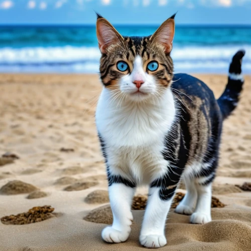 japanese bobtail,cat with blue eyes,aegean cat,blue eyes cat,cat on a blue background,american bobtail,american wirehair,domestic short-haired cat,european shorthair,cat european,breed cat,calico cat,american curl,polydactyl cat,cat image,cat greece,feral cat,cute cat,kurilian bobtail,beach background,Photography,General,Realistic