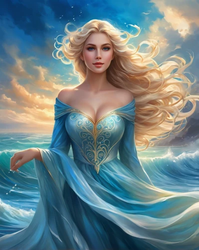celtic woman,elsa,the sea maid,mermaid background,fantasy art,fantasy picture,the wind from the sea,fantasia,sea fantasy,fantasy woman,fantasy portrait,blue enchantress,the zodiac sign pisces,god of the sea,ocean background,celtic queen,the snow queen,water rose,heroic fantasy,ice queen,Illustration,Realistic Fantasy,Realistic Fantasy 01