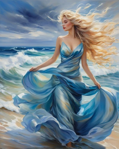 the wind from the sea,wind wave,sea breeze,the sea maid,ocean waves,mermaid background,little girl in wind,celtic woman,blue painting,oil painting on canvas,art painting,ocean background,oil painting,sea landscape,gracefulness,winds,wind,wind machine,windy,fantasy art,Illustration,Paper based,Paper Based 11