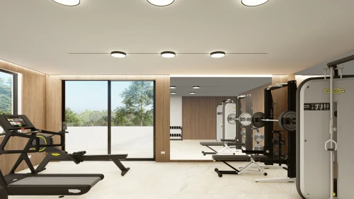 fitness room,fitness center,indoor cycling,leisure facility,gymnastics room,exercise equipment,modern room,gym,recreation room,core renovation,indoor rower,exercise machine,workout equipment,therapy room,hallway space,walk-in closet,3d rendering,running machine,treadmill,facility