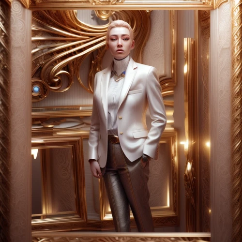 tilda,metallic feel,art deco frame,woman in menswear,silver,metallic,art deco background,golden frame,silver lacquer,gold frame,art deco,champagne color,white gold,yellow-gold,silvery,bolero jacket,art deco woman,gold stucco frame,gold lacquer,white silk