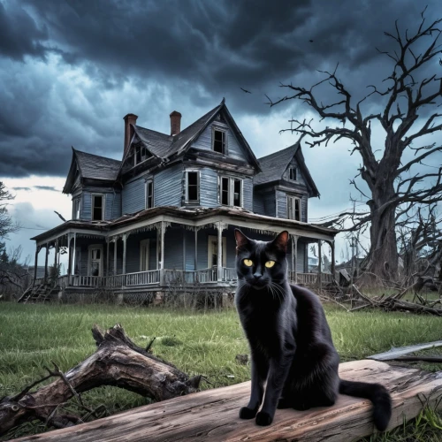 house insurance,witch house,haunted house,the haunted house,witch's house,abandoned house,creepy house,black cat,feral cat,halloween black cat,gray cat,domestic cat,home destruction,halloween cat,the threshold of the house,haunted,yellow eyes,victorian house,home security,home ownership,Photography,General,Realistic