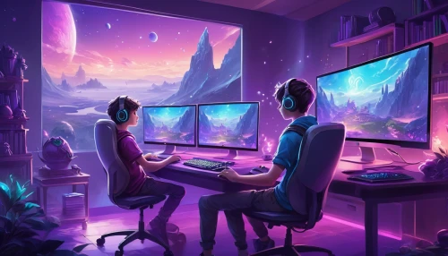 computer room,computer game,game illustration,game room,gamer zone,lures and buy new desktop,working space,playing room,computer art,world digital painting,computer workstation,game art,gaming,creative office,lan,computer games,study room,computer,virtual world,girl at the computer,Illustration,Realistic Fantasy,Realistic Fantasy 01