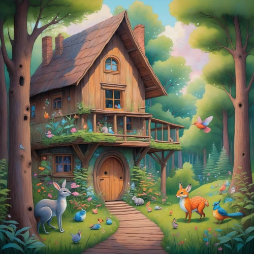 house in the forest,fairy house,fairy door,dandelion hall,summer cottage,witch's house,little house,cottage,fairy village,fairy forest,country cottage,treehouse,fairy world,wooden house,home landscape,children's background,enchanted forest,meadow in pastel,beautiful home,small house,Illustration,Paper based,Paper Based 01
