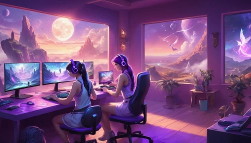 computer room,unicorn background,lures and buy new desktop,blur office background,working space,study room,monitors,creative office,backgrounds,purple wallpaper,computer workstation,girl at the computer,playing room,game room,background screen,night administrator,fantasy picture,desk,the fan's background,workspace,Illustration,Realistic Fantasy,Realistic Fantasy 01