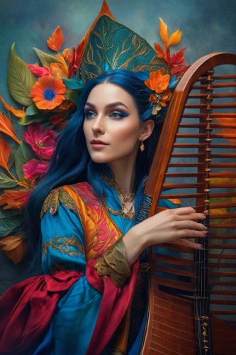 harp player,harpist,harp with flowers,fantasy portrait,violin woman,violinist,woman playing violin,musician,fantasy art,pan flute,celtic harp,violin player,pianist,art bard,cello,string instrument,mystical portrait of a girl,fantasy picture,persian poet,stringed instrument,Photography,General,Fantasy